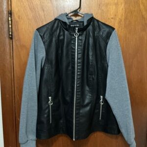 Baccini Faux Leather Mixed Media Hooded Jacket - Grey & Black - 1X